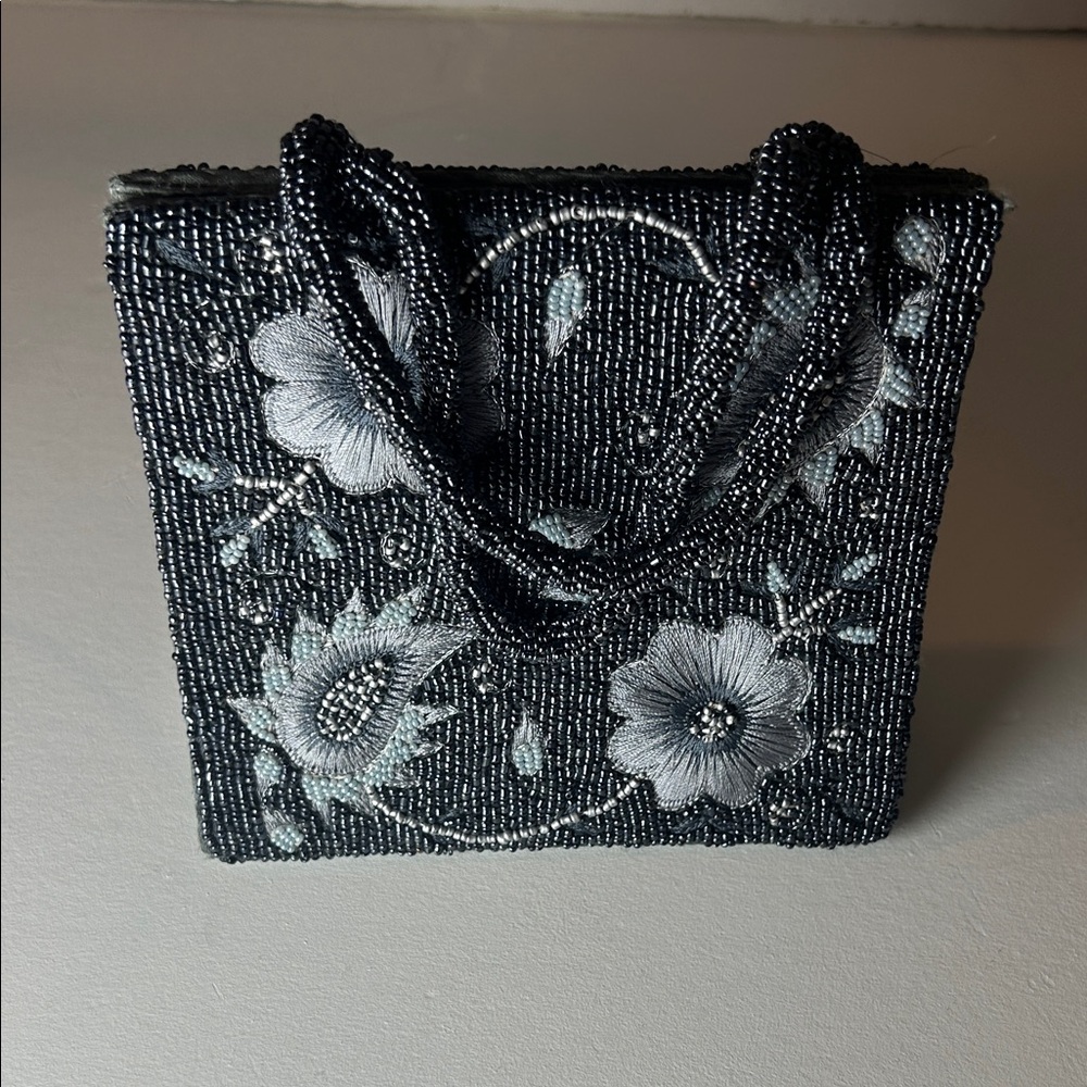 Marion Godart Paris Black Beaded Floral Clutch Gray/Blue
